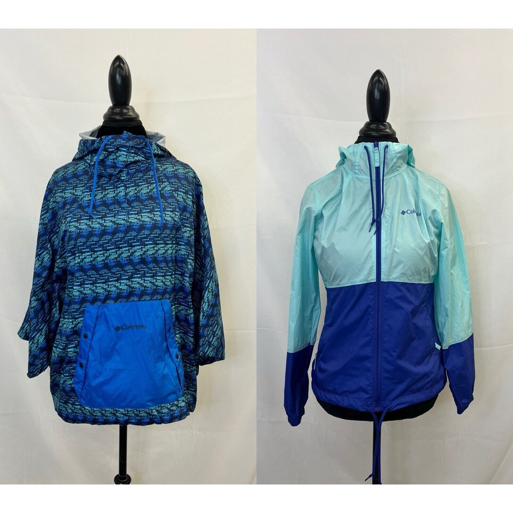 Lot of 2 Columbia Womens XS Blue Full Zip Hooded Windbreaker & Poncho Jacket FS